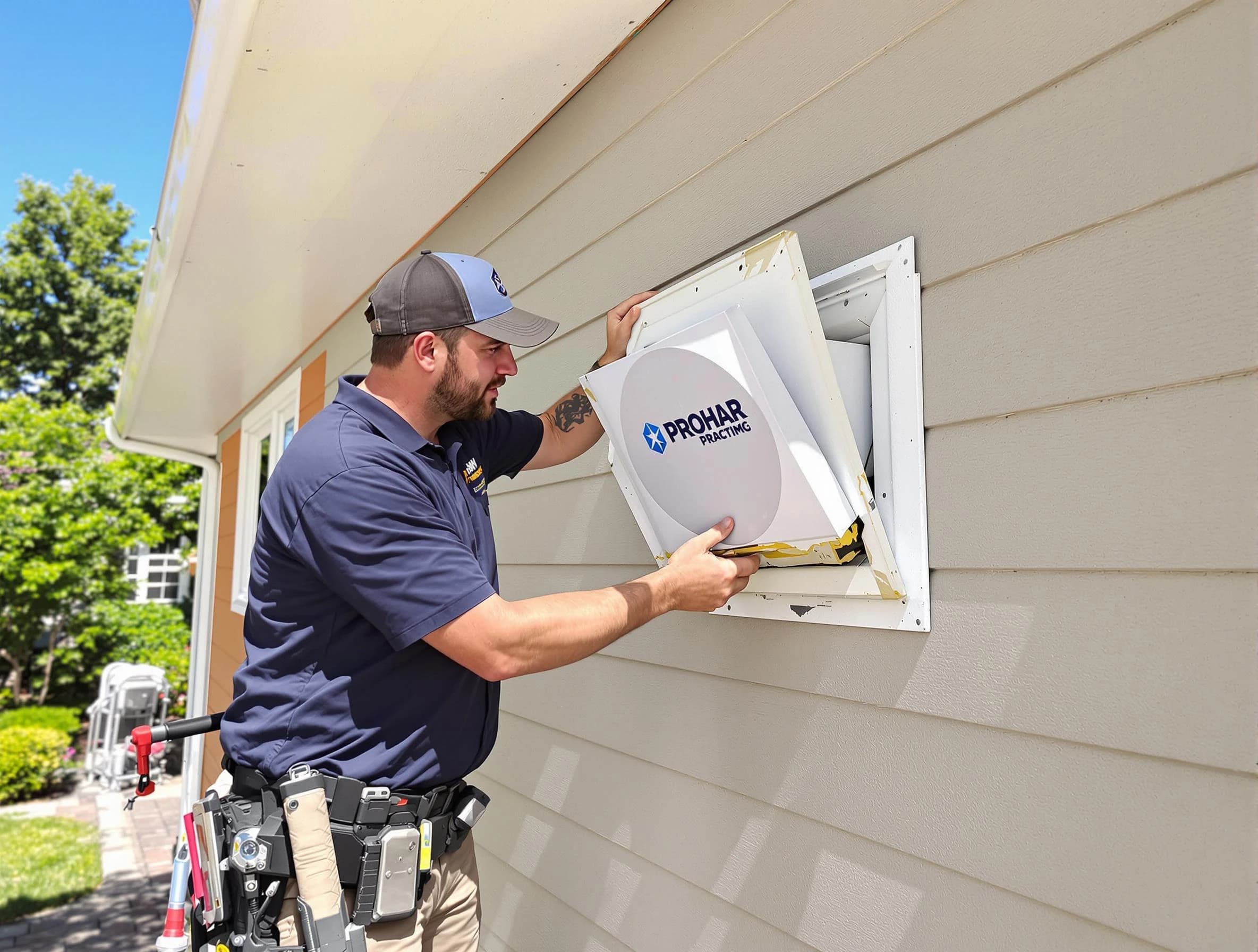 Gloucester Dryer Vent Cleaning technician installing a new protective dryer vent cover on a home in Gloucester