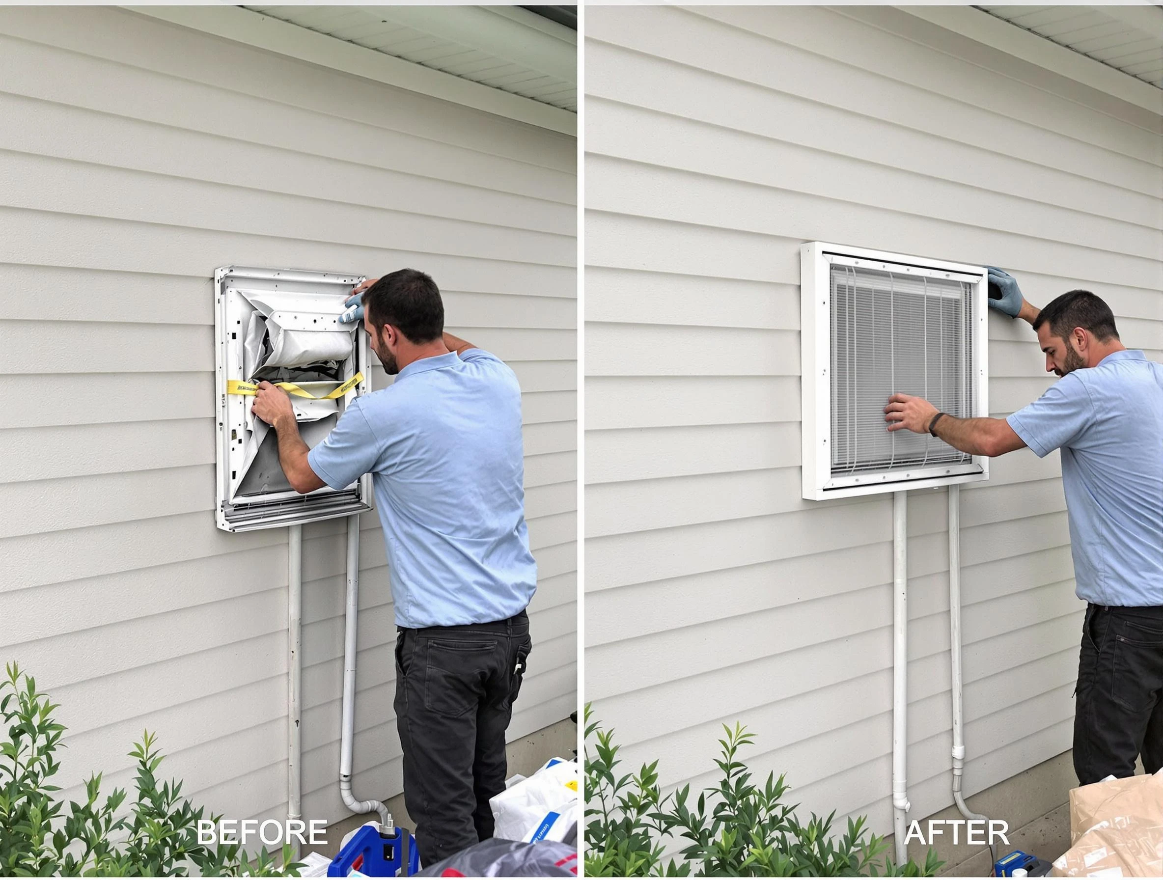 Gloucester Dryer Vent Cleaning technician installing high-quality dryer vent cover at a residential property in Gloucester